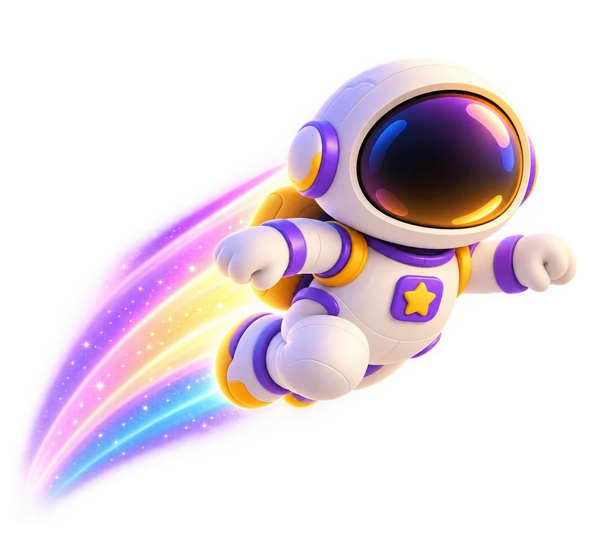 Kometinha, o astronauta do Kometas, voando com um rastro de arco-íris