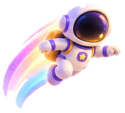 Kometinha, o astronauta do Kometas, voando com um rastro de arco-íris